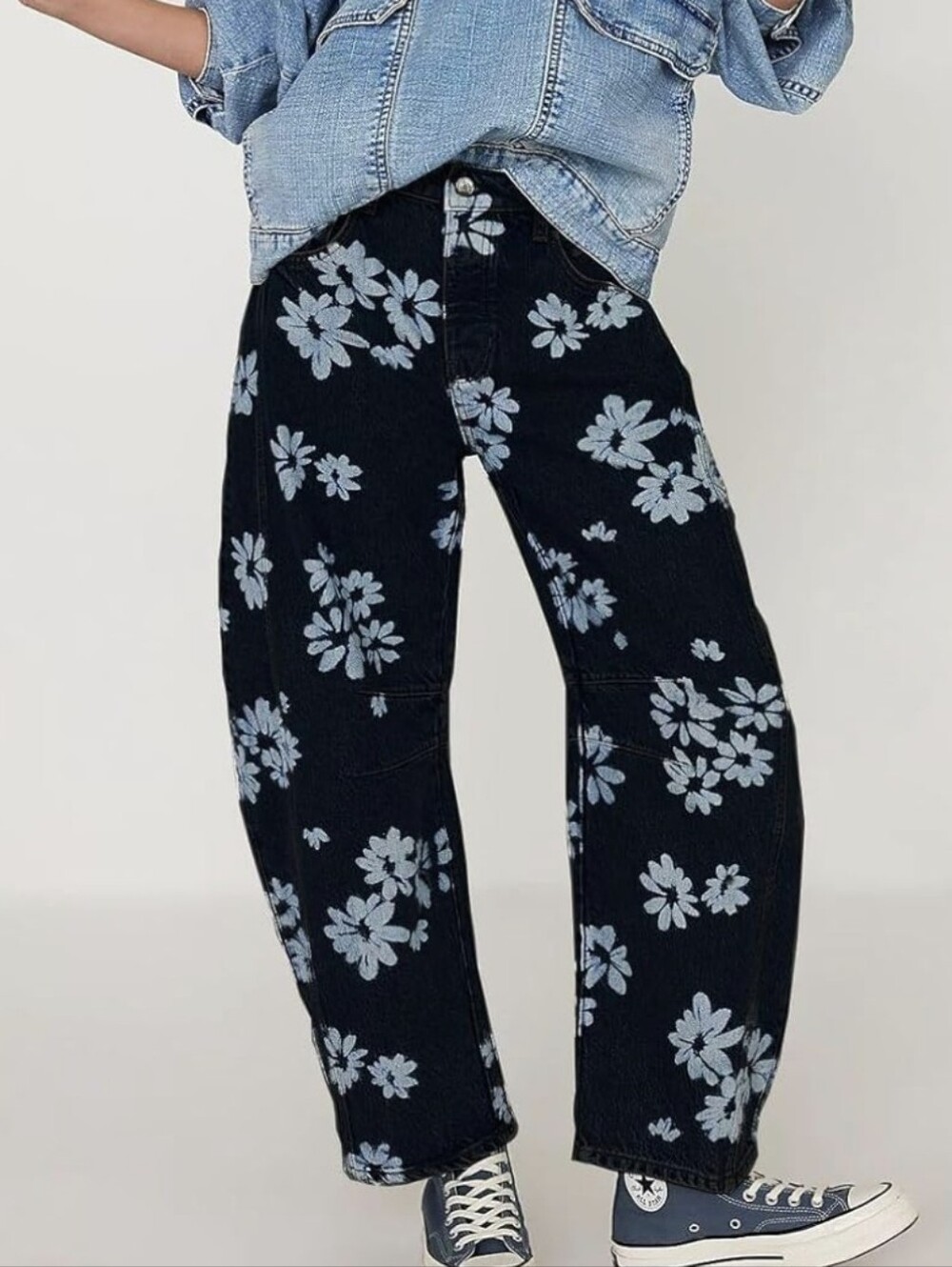 Floral Wide-Leg Denim Pants - Black with Light Blue Print